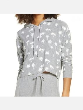 Chaser Women's Gray Palm Tree Print Cropped Hoodie, Size XS ~ EUC